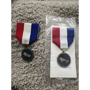 Vintage Cub Scout Pinewood Derby Ribbon Blue Racing Car Medal Pin, Lot Of 2